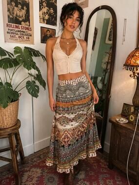 Forbidden Los Angeles Boho Paisley Maxi Skirt Tiered Festival Cottagecore Medium